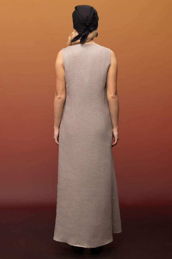 Kolsuz Düz Renk Keten Elbise Stone - 2