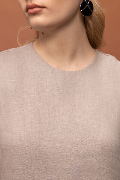 Kolsuz Düz Renk Keten Elbise Stone - 3