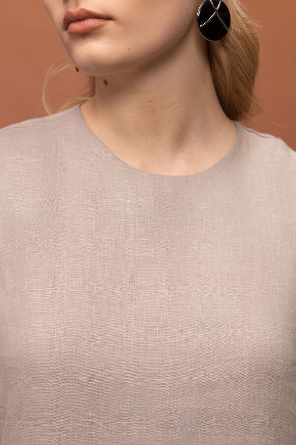 Kolsuz Düz Renk Keten Elbise Stone - 3