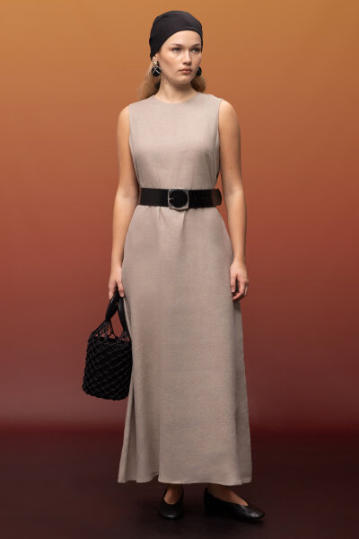 Kolsuz Düz Renk Keten Elbise Stone - 4