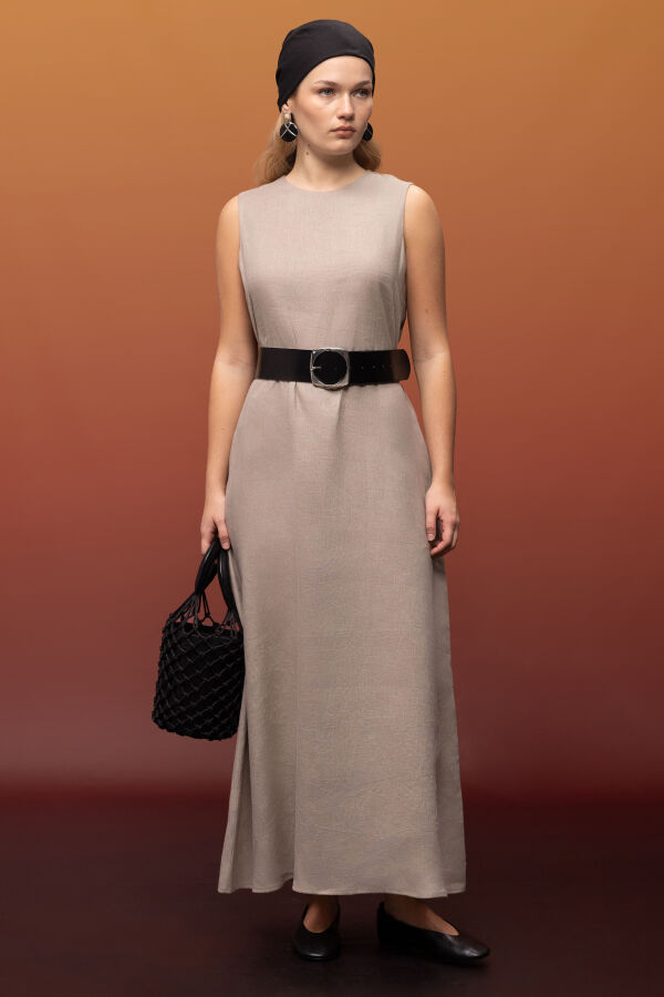 Kolsuz Düz Renk Keten Elbise Stone - 4