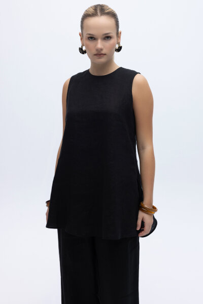 Kolsuz Düz Renk Keten Tunik Siyah 