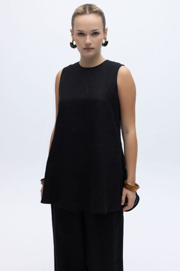 Kolsuz Düz Renk Keten Tunik Siyah - 1