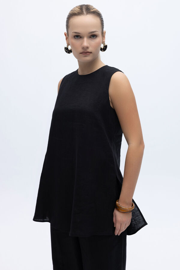 Kolsuz Düz Renk Keten Tunik Siyah - 2