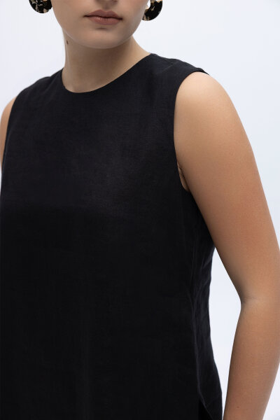 Kolsuz Düz Renk Keten Tunik Siyah - 3