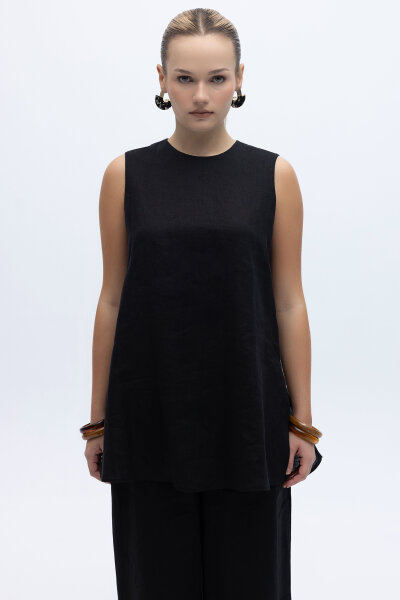 Kolsuz Düz Renk Keten Tunik Siyah - 4