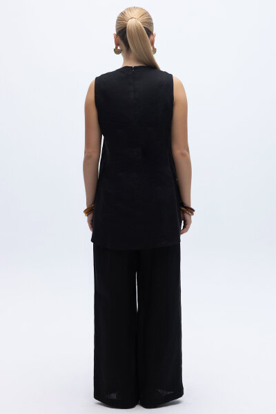 Kolsuz Düz Renk Keten Tunik Siyah - 5