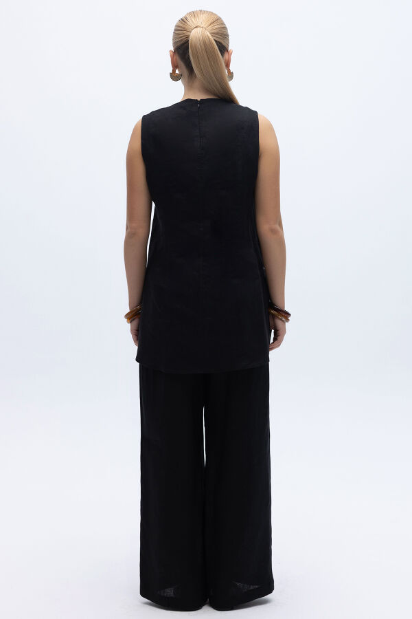 Kolsuz Düz Renk Keten Tunik Siyah - 5