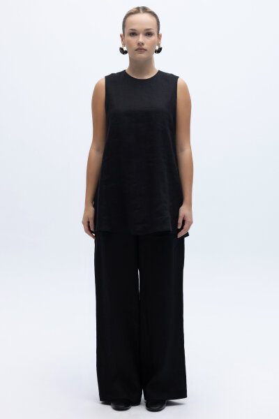 Kolsuz Düz Renk Keten Tunik Siyah - 6