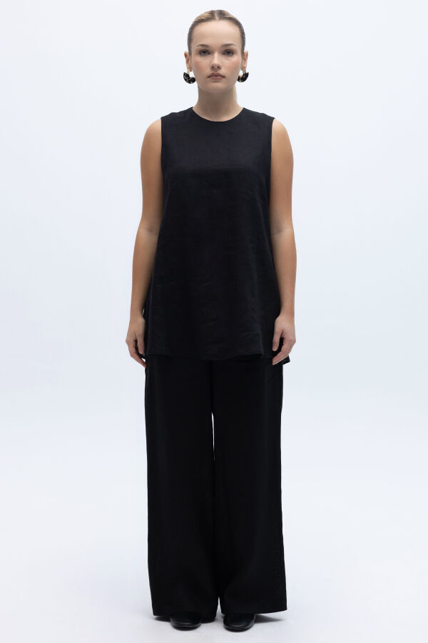 Kolsuz Düz Renk Keten Tunik Siyah - 6