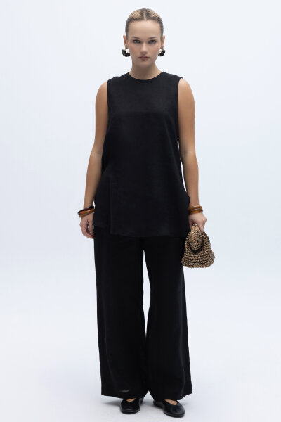 Kolsuz Düz Renk Keten Tunik Siyah - 7