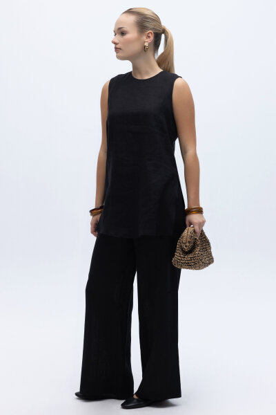 Kolsuz Düz Renk Keten Tunik Siyah - 8