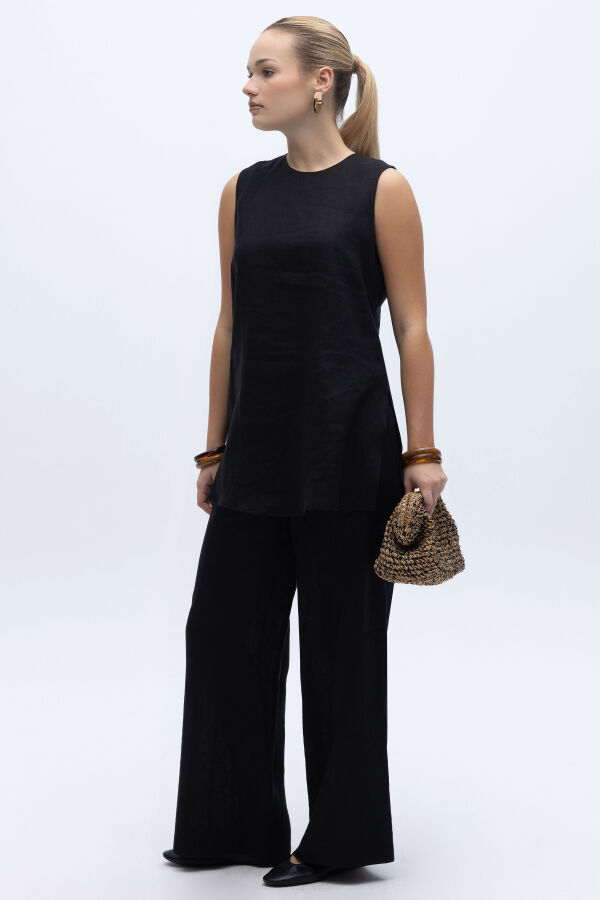 Kolsuz Düz Renk Keten Tunik Siyah - 8