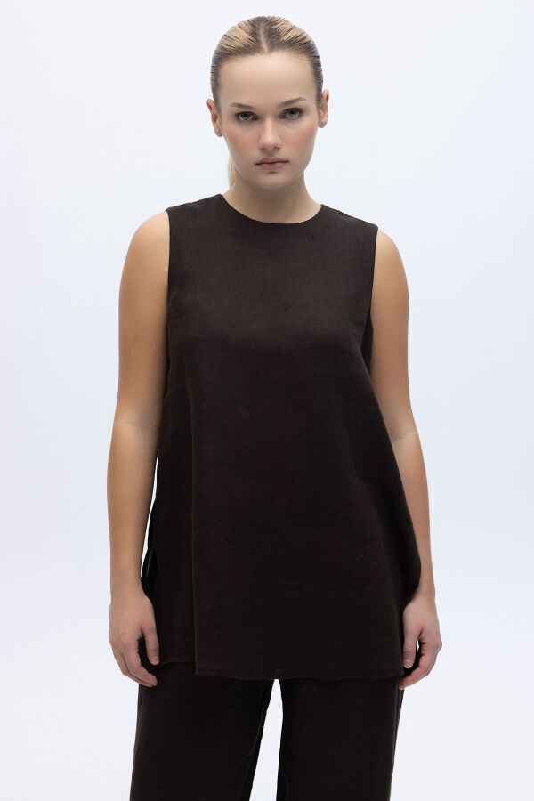 Kolsuz Düz Renk Keten Tunik Kahverengi - 1