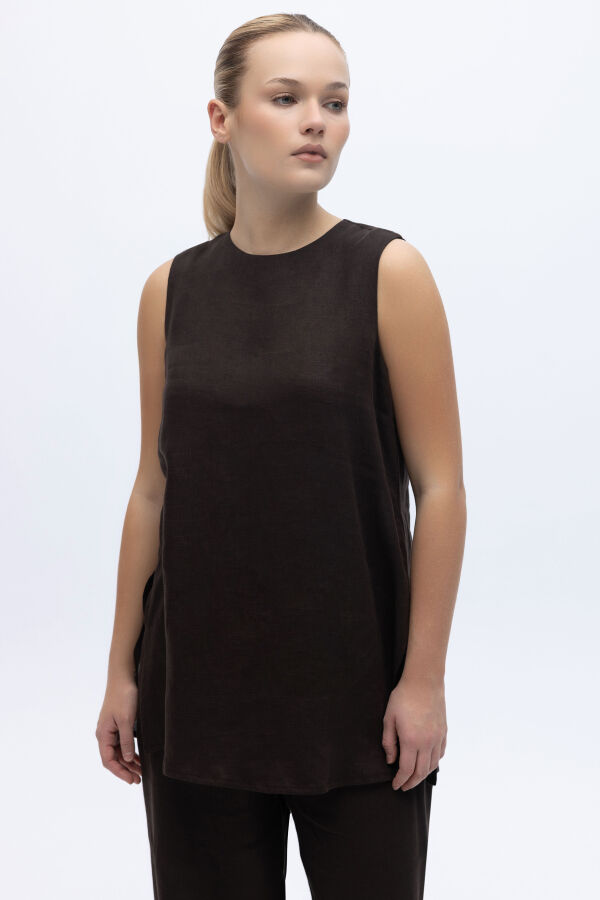 Kolsuz Düz Renk Keten Tunik Kahverengi - 2