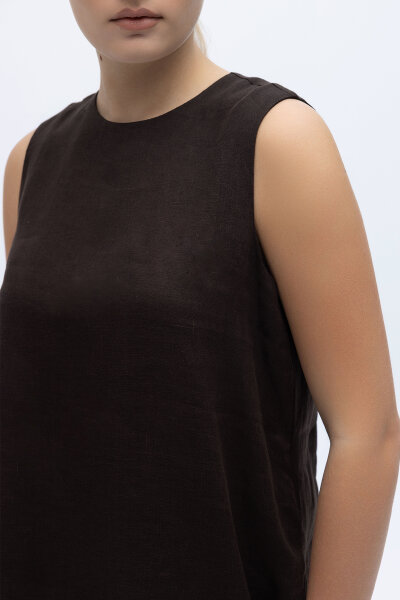 Kolsuz Düz Renk Keten Tunik Kahverengi - 3