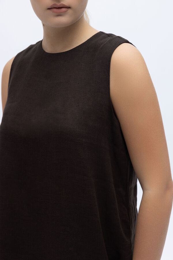 Kolsuz Düz Renk Keten Tunik Kahverengi - 3