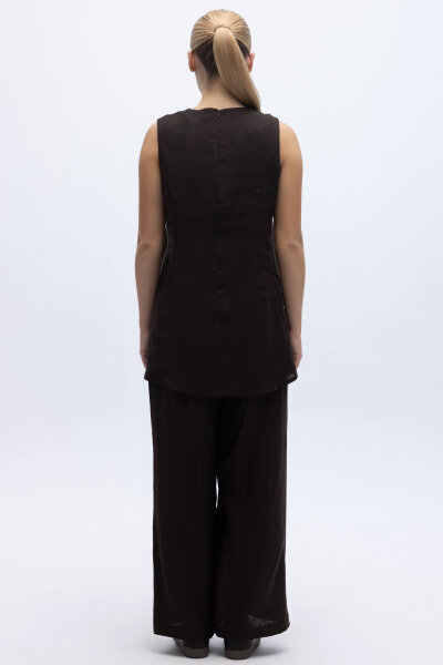 Kolsuz Düz Renk Keten Tunik Kahverengi - 4