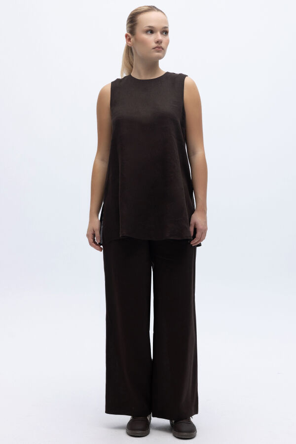 Kolsuz Düz Renk Keten Tunik Kahverengi - 5