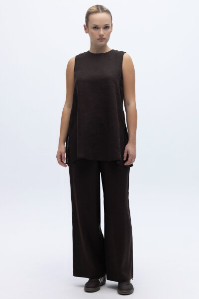 Kolsuz Düz Renk Keten Tunik Kahverengi - 6