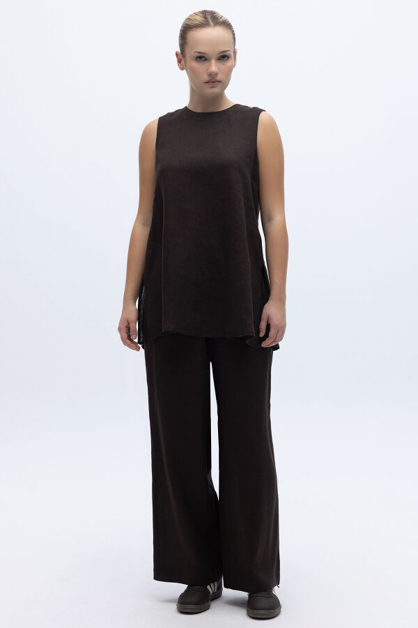 Kolsuz Düz Renk Keten Tunik Kahverengi - 6