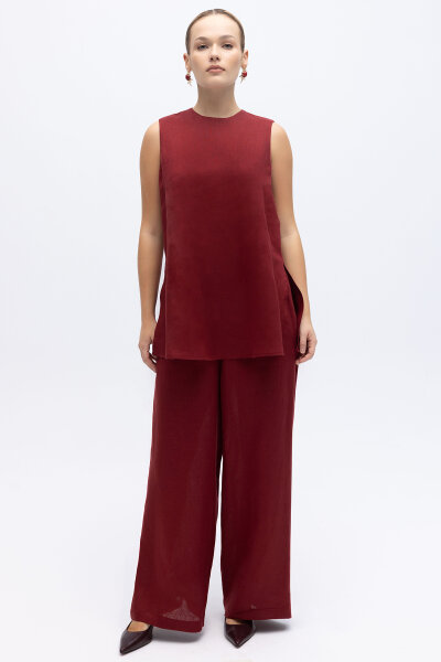 Kolsuz Düz Renk Keten Tunik Cherry - 3