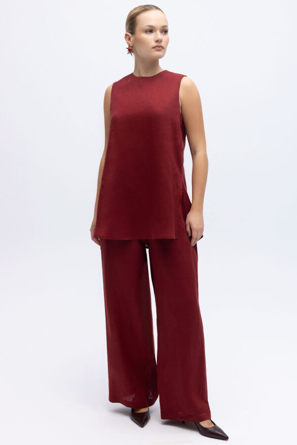 Kolsuz Düz Renk Keten Tunik Cherry - 4