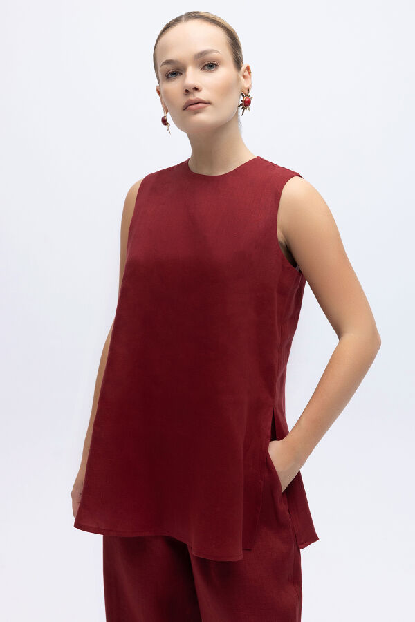 Kolsuz Düz Renk Keten Tunik Cherry - 5