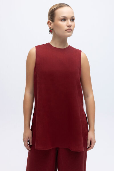 Kolsuz Düz Renk Keten Tunik Cherry - 1