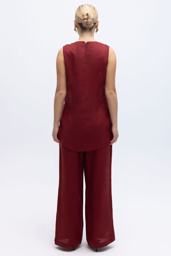 Kolsuz Düz Renk Keten Tunik Cherry - 2