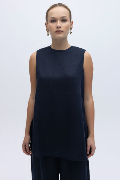 Kolsuz Düz Renk Keten Tunik Lacivert 