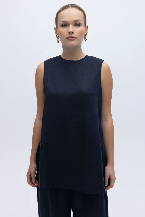 Kolsuz Düz Renk Keten Tunik Lacivert - 1