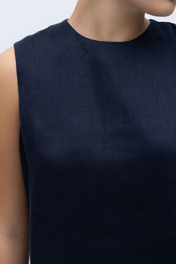 Kolsuz Düz Renk Keten Tunik Lacivert - 2