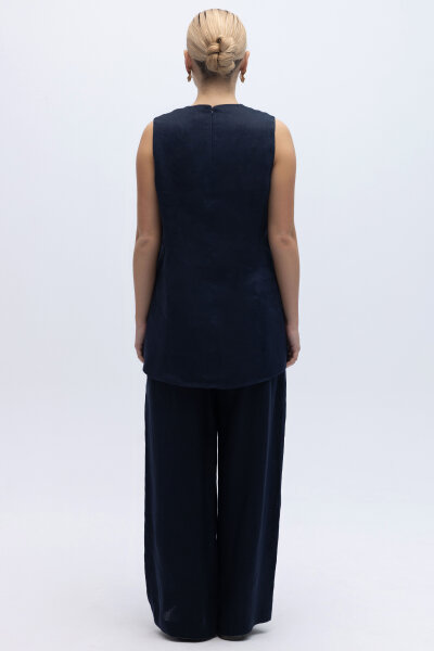 Kolsuz Düz Renk Keten Tunik Lacivert - 3