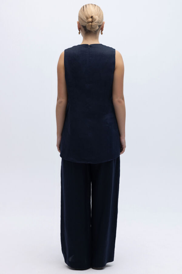 Kolsuz Düz Renk Keten Tunik Lacivert - 3