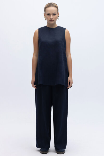 Kolsuz Düz Renk Keten Tunik Lacivert - 4