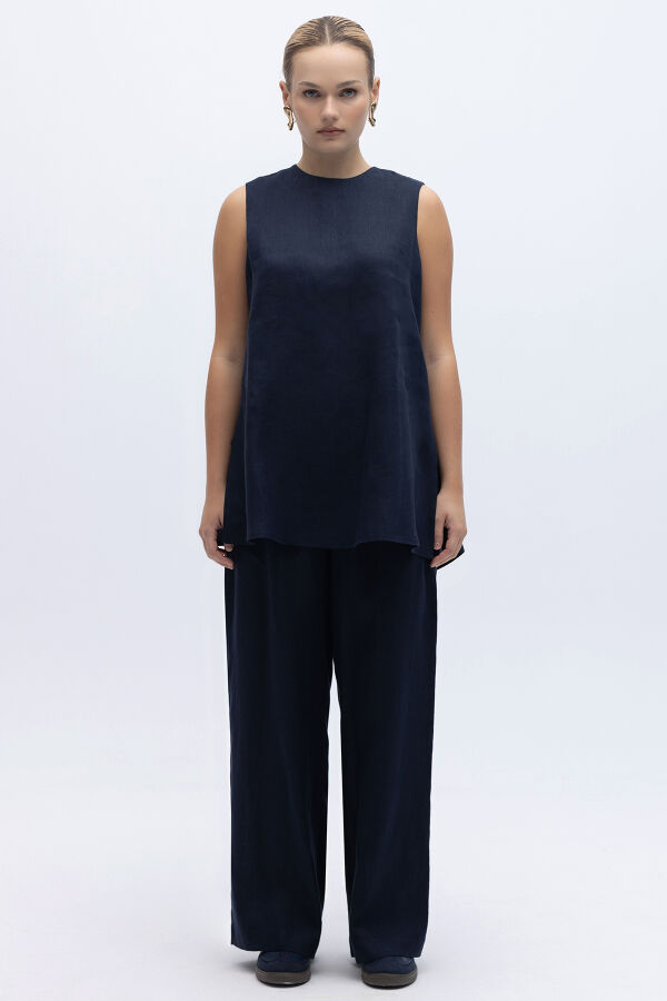 Kolsuz Düz Renk Keten Tunik Lacivert - 4