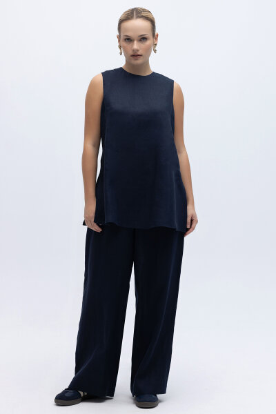 Kolsuz Düz Renk Keten Tunik Lacivert - 5