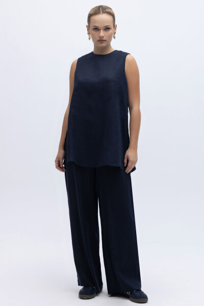 Kolsuz Düz Renk Keten Tunik Lacivert - 6