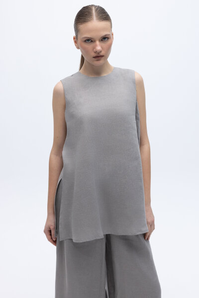 Kolsuz Düz Renk Keten Tunik Gri 