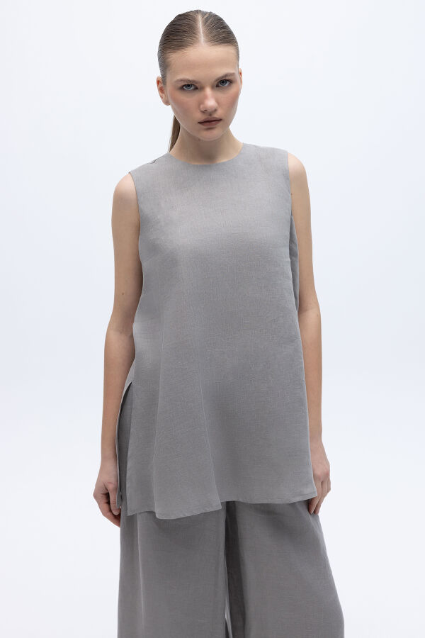 Kolsuz Düz Renk Keten Tunik Gri - 1