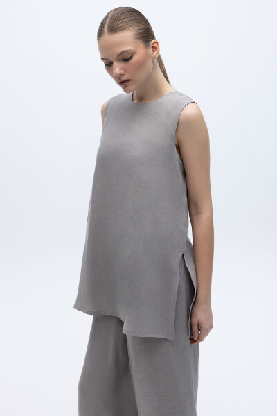 Kolsuz Düz Renk Keten Tunik Gri - MISS DALIDA (1)