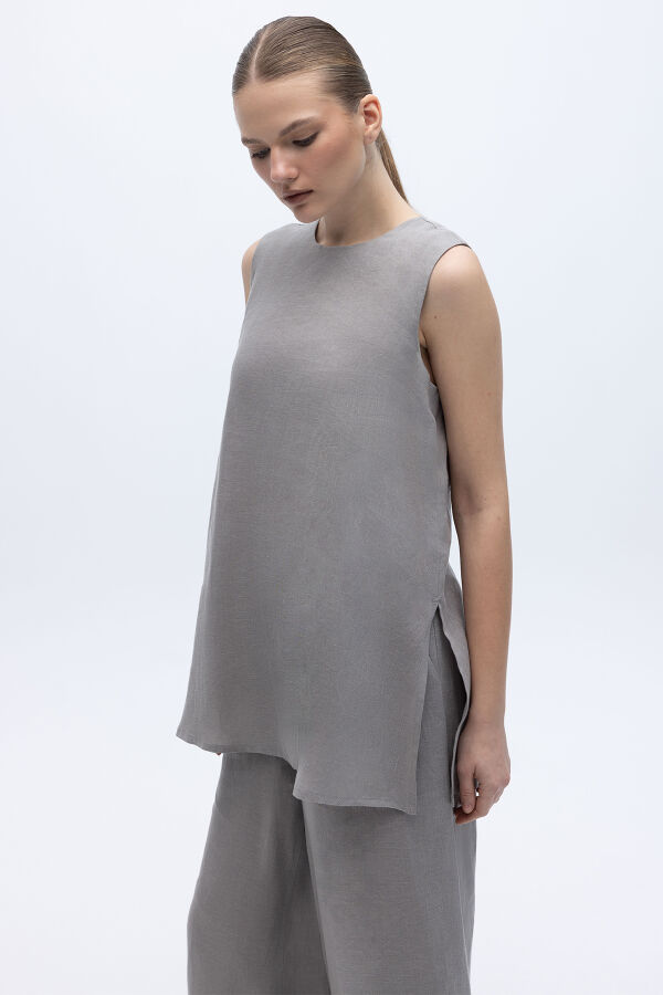 Kolsuz Düz Renk Keten Tunik Gri - 2