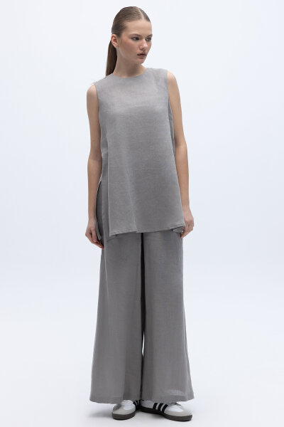 Kolsuz Düz Renk Keten Tunik Gri - 4
