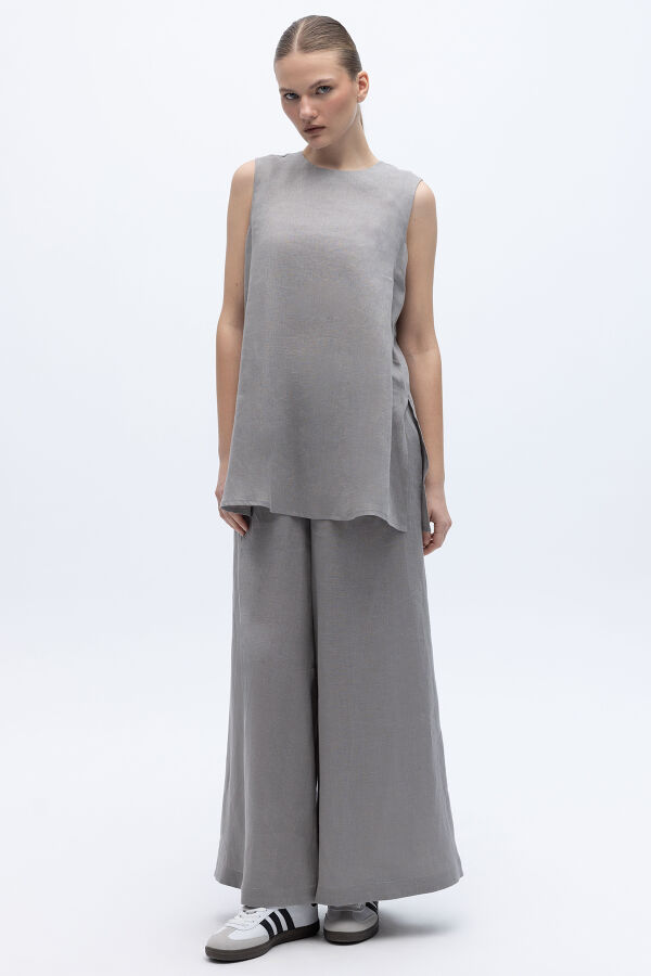 Kolsuz Düz Renk Keten Tunik Gri - 5