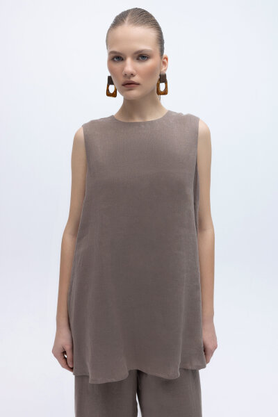Kolsuz Düz Renk Keten Tunik Mink 