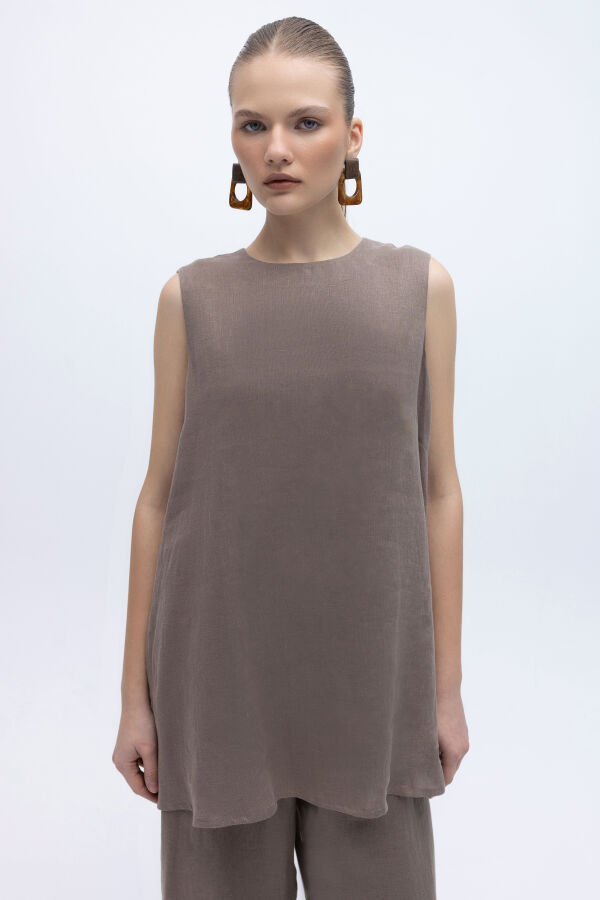 Kolsuz Düz Renk Keten Tunik Mink - 1