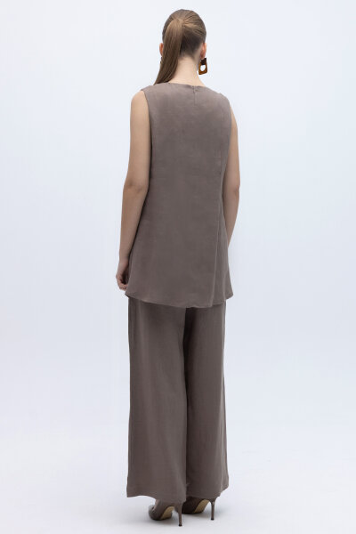 Kolsuz Düz Renk Keten Tunik Mink - 3