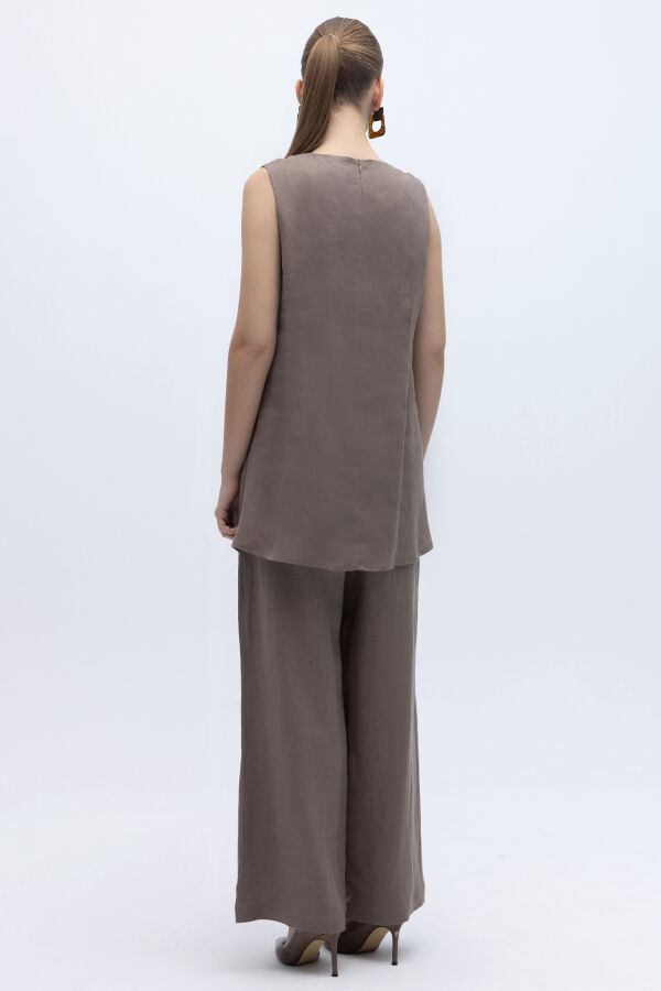 Kolsuz Düz Renk Keten Tunik Mink - 3