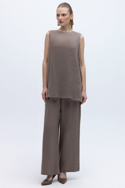 Kolsuz Düz Renk Keten Tunik Mink - 4